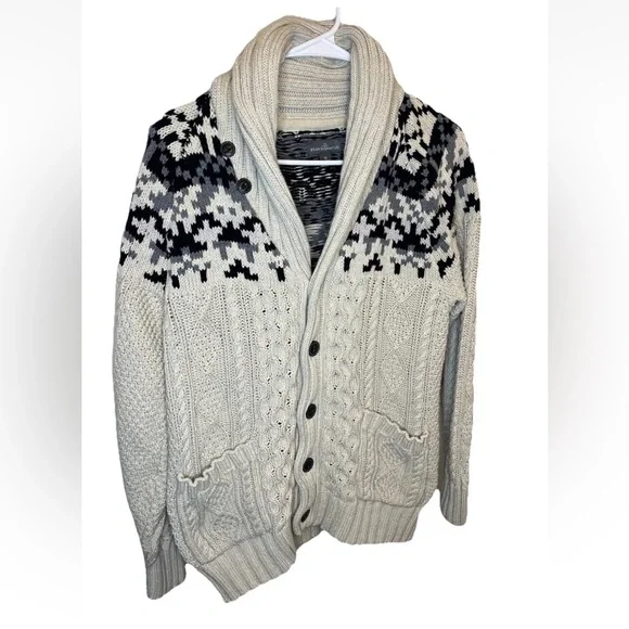 L.L. Bean Signature Fisherman Cream Black Cable Knit Cotton Sweater Sz M EUC - Picture 2 of 8